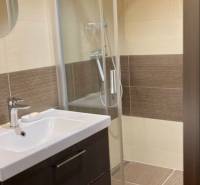 Bathroom with a sink, shower corner, and brown wall tiles in a 3-room apartment.