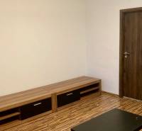 Living room with wood-patterned flooring in a 3-room apartment, light walls, wooden furniture.