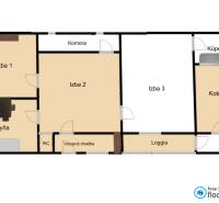 Floor plan of a family house with three rooms, a kitchen, a bathroom, and a loggia.