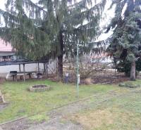 A garden at a family house in Kravany nad Dunajom with a gazebo and coniferous trees.
