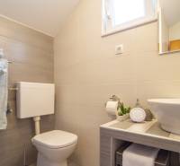 Bathroom in a holiday apartment with a shower, sink, toilet, and small decorations.