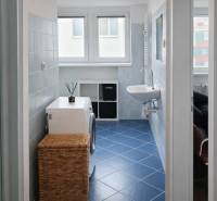 Washing machine with a basket and a sink in a 2-room apartment with blue tiles.