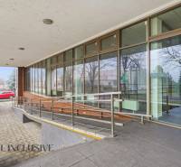 Entrance areas of commercial premises in Topoľníky with a ramp and glass facade.