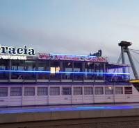 The restaurant on the Gracia boat with a view of the SNP Bridge in Bratislava.
