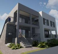 Recreational apartment in Čiovo with a modern facade, balcony, and surrounding greenery.