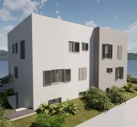 A recreational apartment on Čiovo by the sea with modern windows, surrounded by nature and plants.