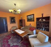 Living room in a two-room apartment with orange walls, a decorative carpet, and a wooden-patterned floor.
