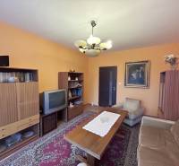 Living room with retro furniture in a two-room apartment, floor with wood decor, carpets.