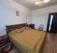 Bedroom in a 2-room apartment with wood-patterned flooring, a double bed, and furniture.