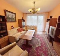 Living room in a two-room apartment with older furniture, a carpet, and decorative curtains.