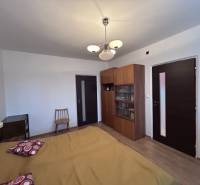 Bedroom in a 2-room apartment with a bed, wardrobe, and floor with wooden decor.