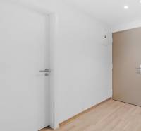 Entrance hallway of a 2-room apartment with a wooden decor floor and white walls.