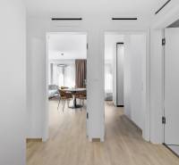 Interior of a 2-room apartment with a wooden decor floor, view of the living room and bedroom.