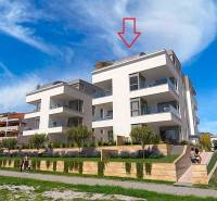 A recreational apartment in the town of Pag with modern architecture, adjacent greenery, and comfortable balconies.