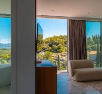 Interior of a villa with a view of nature, bathtub by the window, comfortable armchair.