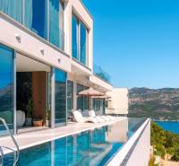 A villa in Korčula with glass walls, a pool, and a view of the mountains.
