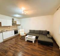 Living room in a two-room apartment with a corner sofa and a kitchen unit.
