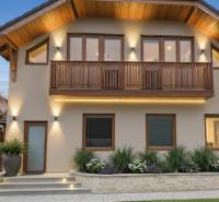 A family house in Chrenová in Nitra with a garden, lighting, and wooden architectural elements.