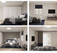 Bedroom in a 3-room apartment with a bed, television, and floor with wood decor.