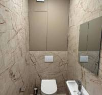 A toilet with marble tiles in a 2-room apartment.