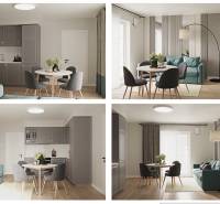 Interior of a 3-room apartment with a kitchen, dining table, and living area. Floor with wood decor.
