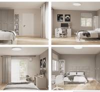 Bright bedroom with wood-patterned flooring, a desk, and a large window in a 3-room apartment.