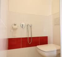 A bathroom in a one-room apartment with a beige floor and red tiles on the wall.