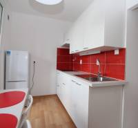 White kitchen with red tiles, dining table, and wood-patterned flooring in a studio apartment.