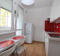 A kitchen in a studio apartment with red tiles, a wood-patterned floor, and a refrigerator.