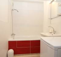 Bathroom with a bathtub, sink, and washing machine in a studio apartment.