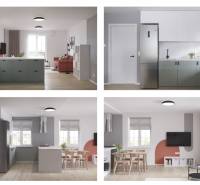 Bright kitchen with a dining table in a 2-room apartment, floor with wood decor.