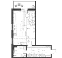 Floor plan of a 2-room apartment with a kitchen, living room, and balcony.