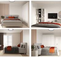 A bright bedroom with an upholstered bed, white wardrobes, and a work corner in a 2-room apartment.