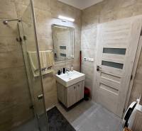 A bathroom in a 2-room apartment with a sink, shower, and washing machine on tiled flooring.