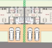 Floor plan of a family house with two residential units, parking spaces, cars.