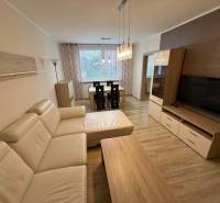 Living room with wood-patterned flooring, a large sofa, and a dining table in a three-room apartment.