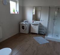 Bathroom with a washing machine, shower corner, and sink in a family house with a wooden decor floor.
