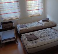 A crib and two beds in a bedroom with wood-patterned flooring.