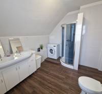 A bathroom in a family house with a sink, a shower corner, and a floor with a wooden decor.