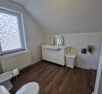 A bathroom with a wood-patterned floor in a family house, equipped with a toilet, sink, and bathtub.