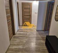 A hallway in a 3-room apartment with a wooden decor floor and multiple doors.