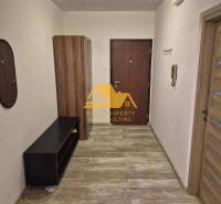 Cozy entrance hall in a 3-room apartment with a wood-patterned floor and a cabinet.