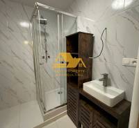 A bathroom in a 2-room apartment with white tiles, a shower corner, and a sink on a cabinet.