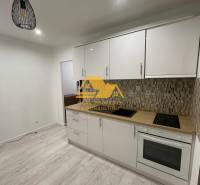 A kitchen in a studio apartment with a light-colored kitchen unit and a floor with a wood decor.