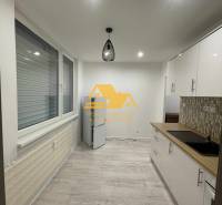 Kitchen in a studio apartment with wood-patterned flooring and modern lighting.