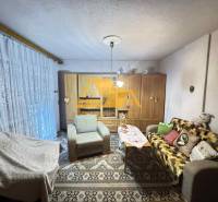 Living room in a family house with a sofa, carpet, and cabinets with decorations.