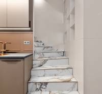 Marble stairs by the kitchen unit in a 2-room apartment, with a floor featuring a wooden decor.