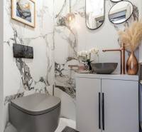 Bathroom in a 2-room apartment with marble walls, a stylish sink, and decorations.