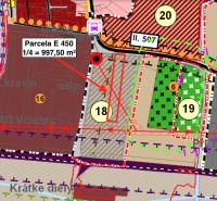 Map of locations available for commercial land in Pruské. Plot E 450 marked.