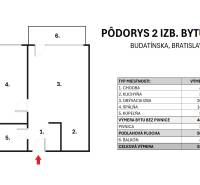 Floor plan of a 2-room apartment on Budatínska Street in Bratislava with exact room measurements.